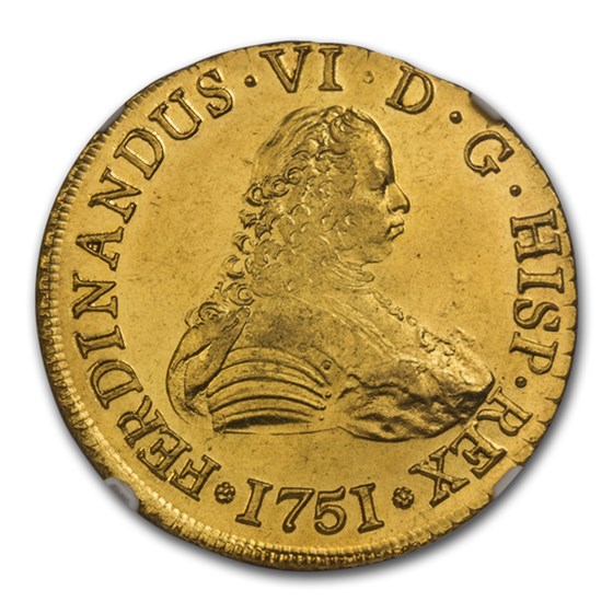 1751 Chile Gold 8 Escudos Ferdinand VI MS-63 NGC 1751 Chile Gold 8 Escudos Ferdinand VI MS-63 NGC